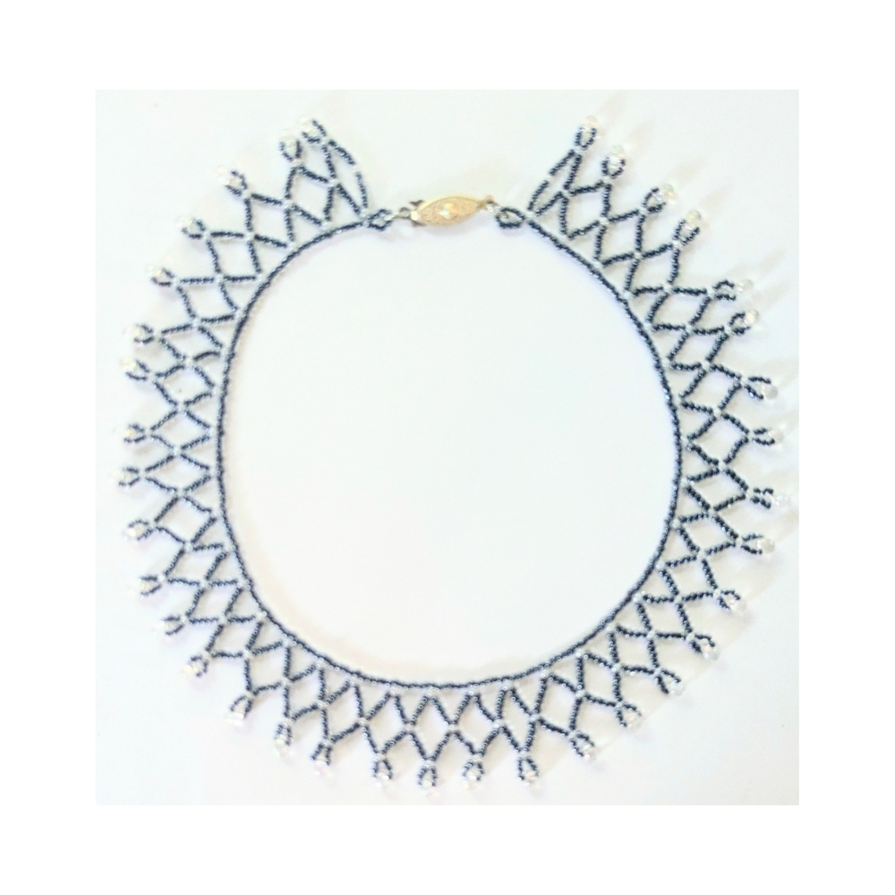Vintage Artisan Blue & Clear Netted Woven Seed Bead Girls Choker Necklace 12.5"